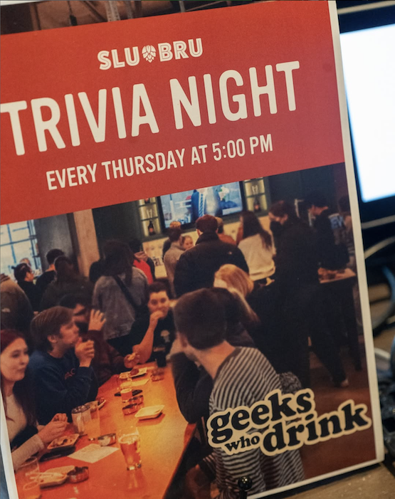 Trivia night poster for SLU BRU bar in South Lake Union, Seattle, featuring fun graphics and event details.
